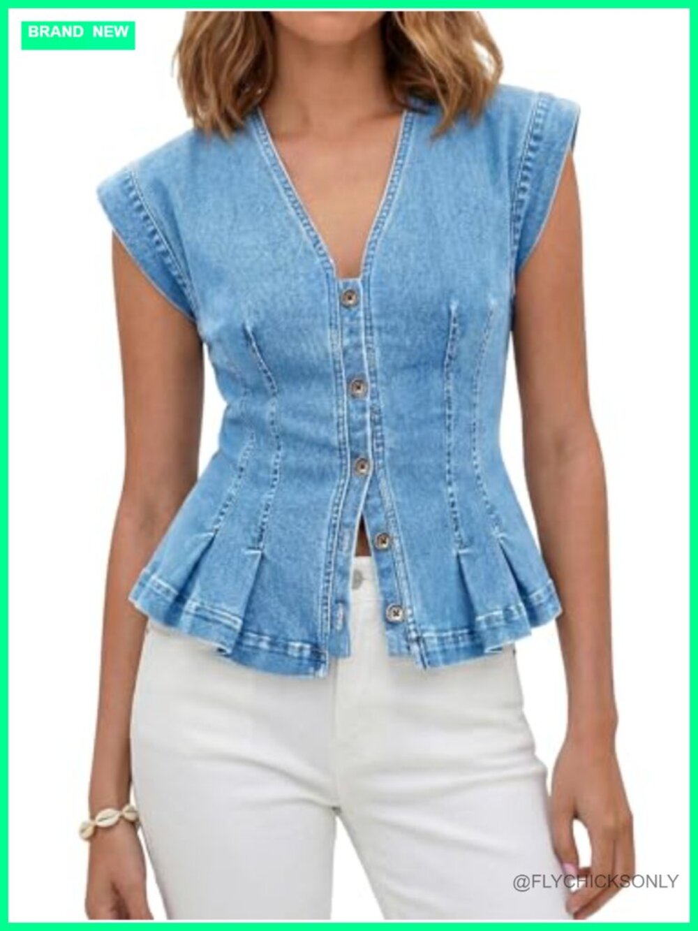 Womens Denim Vest Pleated Fitted Sleeveless V-Neck Y2K Jean Top Summer
